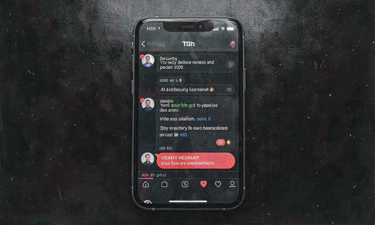 A smartphone screen showing an AI chatbot interface with security verification prompts, dark background with red warning accents, cinematic lighting, documentary style