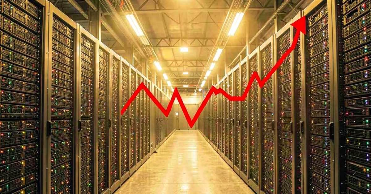A stock chart line plunging downward in front of a massive data centre with rows of GPU servers under bright industrial lighting