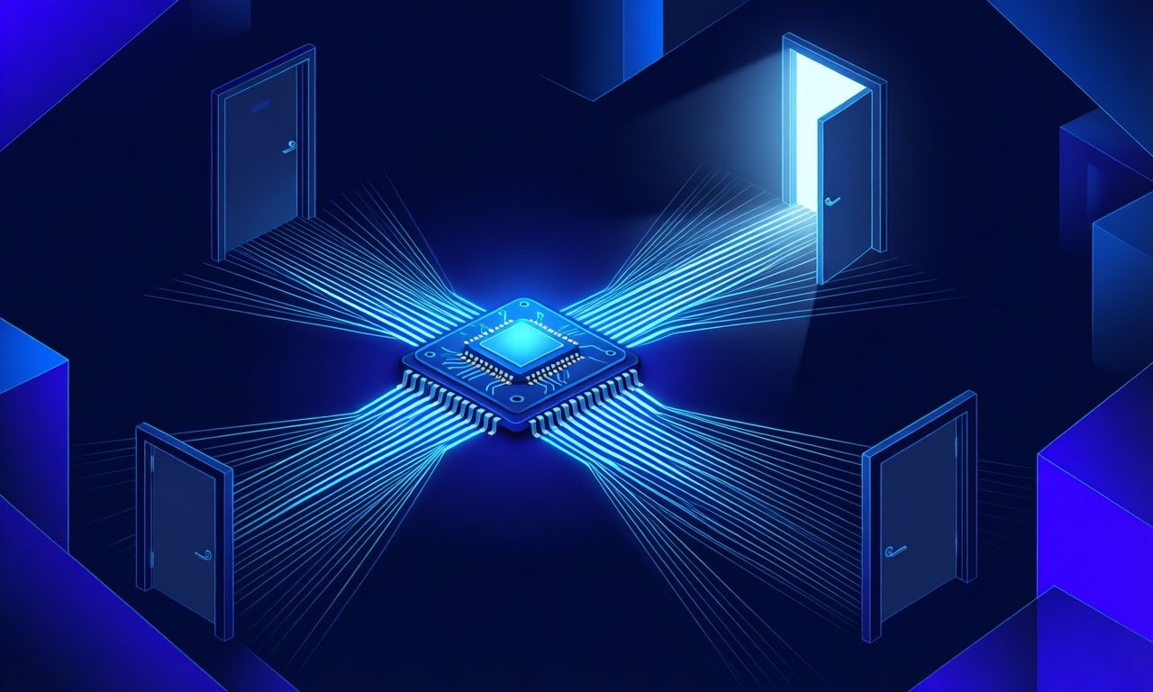 A small glowing processor chip at a junction where many thin light paths split toward different doors, minimalist geometric editorial illustration in electric blue on dark navy