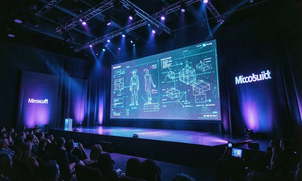 A modern conference hall with Microsoft Build banner and holographic AI model visualisation, dramatic blue stage lighting, photojournalistic style