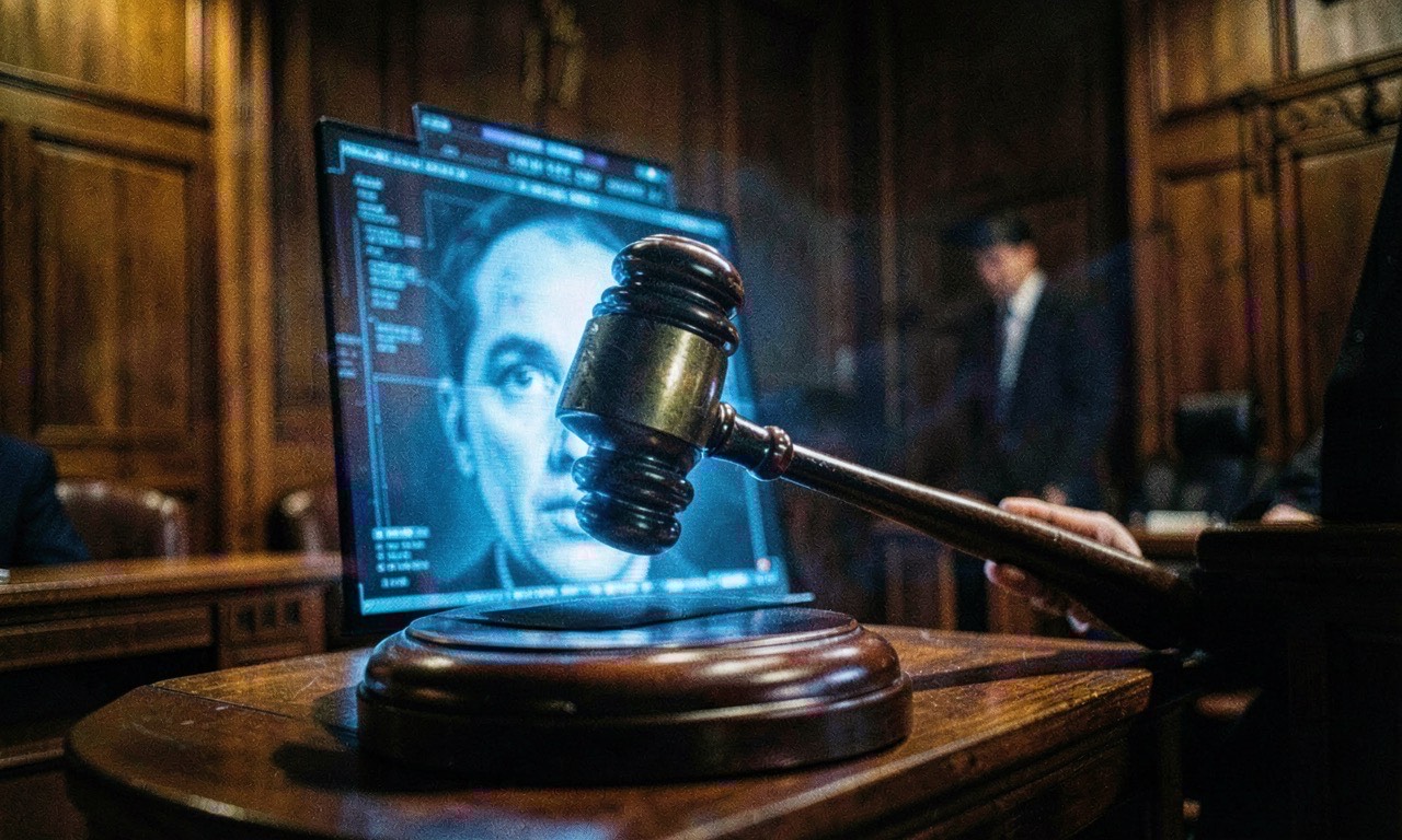 A gavel striking a digital screen in a courtroom setting, warm wood and cold blue digital light contrast