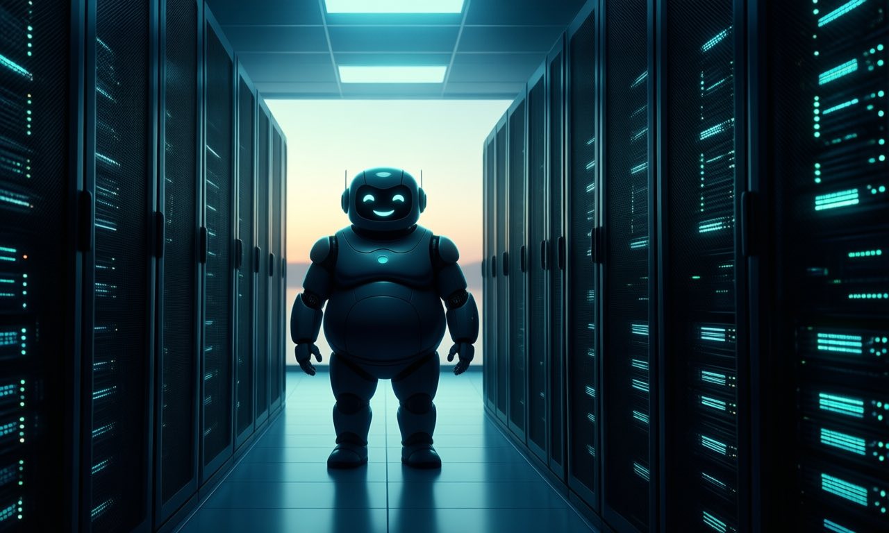 European data centre server hall at dawn with rows of glowing server racks and a stylized robot silhouette in the aisle