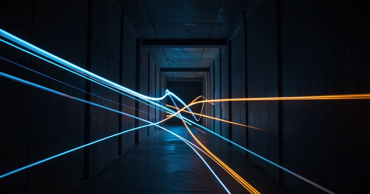 Abstract composition showing illuminated light trails through a dark architectural corridor, representing autonomous robot navigation paths.