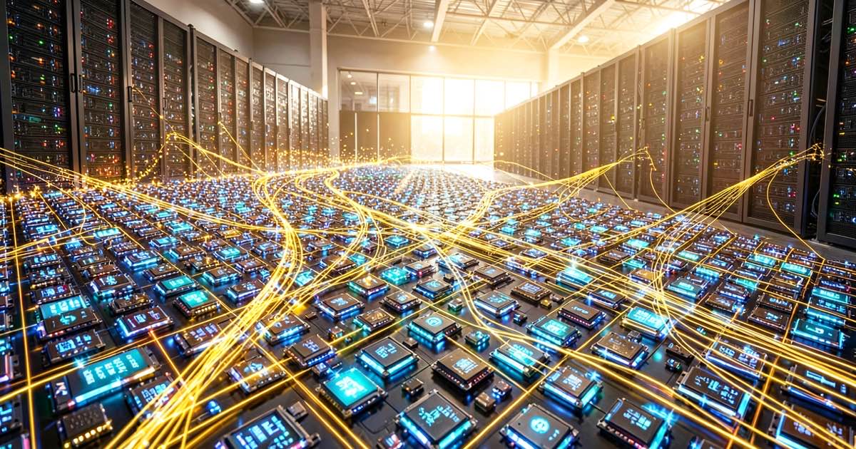 A vibrant abstract composition of thousands of glowing semiconductor chips arranged in a grid pattern, connected by flowing data streams in bright golden and blue light, with a large data centre hall visible in the background.