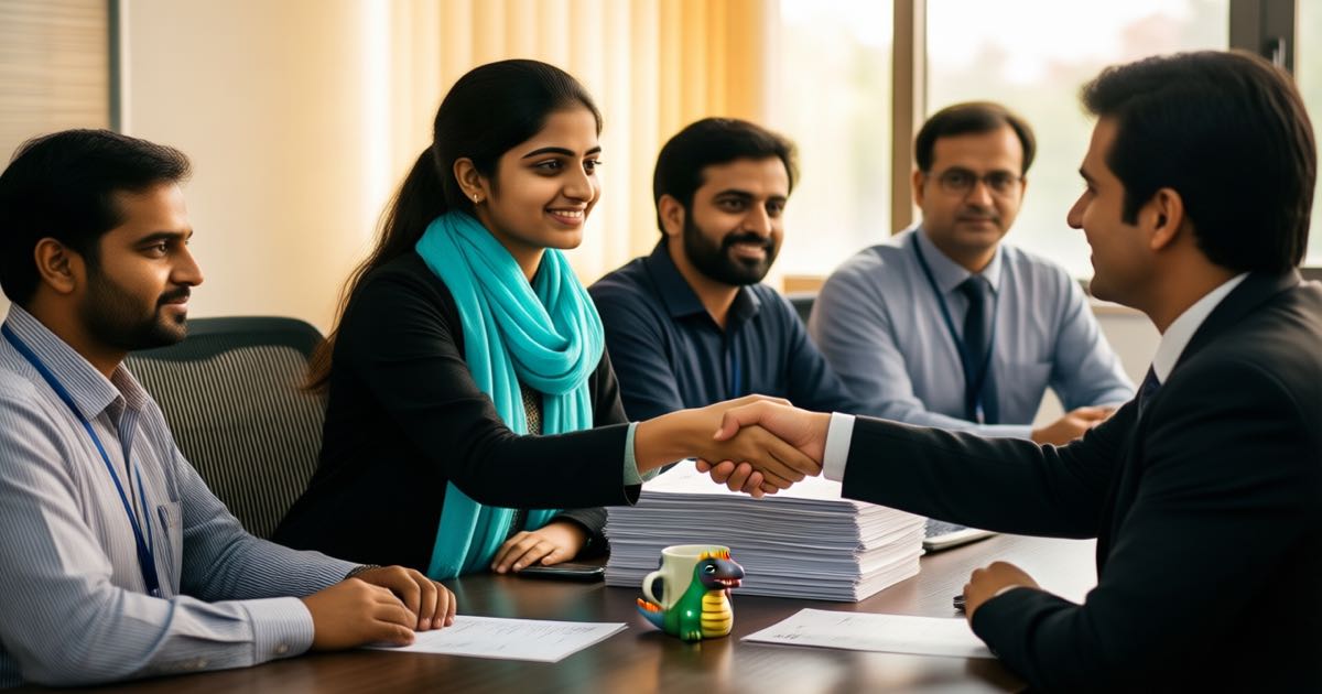 Recruiters reviewing printed CVs across a long table in a Mumbai hiring office, a wall chart of rising line graphs behind them, a candidate in a turquoise scarf shaking hands with an interviewer wearing odd striped socks, warm morning light, documentary editorial photography