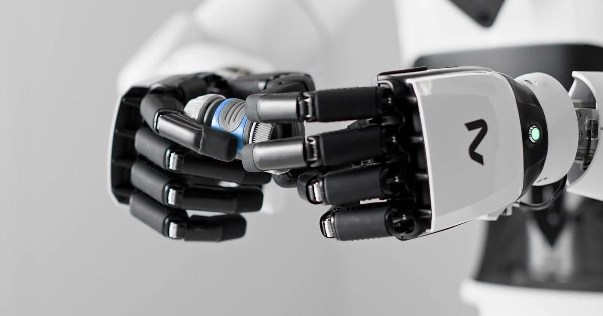 Close-up of NEURA Robotics' dexterous five-finger robot hands, with the company's 'n' logo visible