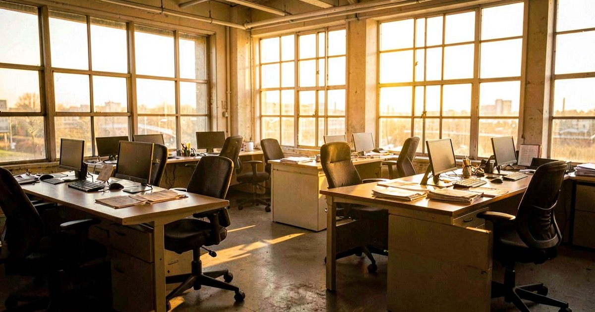 A newspaper newsroom with empty desks and chairs, warm afternoon light streaming through large windows, papers scattered on a few remaining workstations