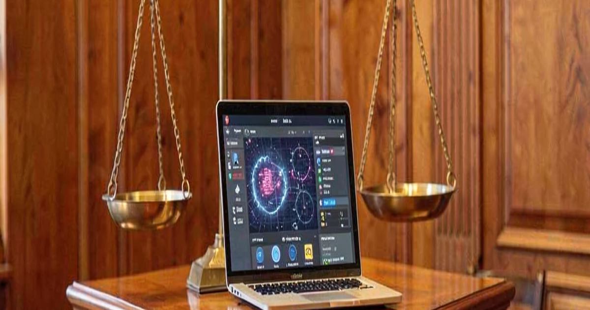 A courtroom with a laptop displaying AI agent interface on the lectern, scales of justice visible above