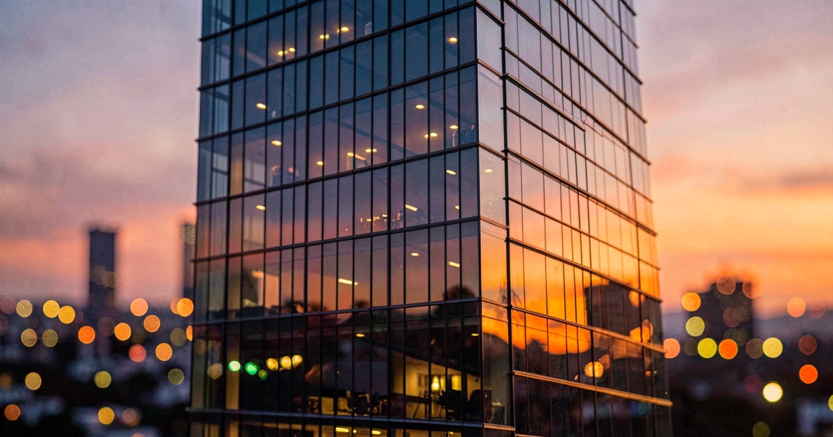 A modern glass office building at dusk reflecting orange sunset light with soft bokeh city lights in background, no text visible