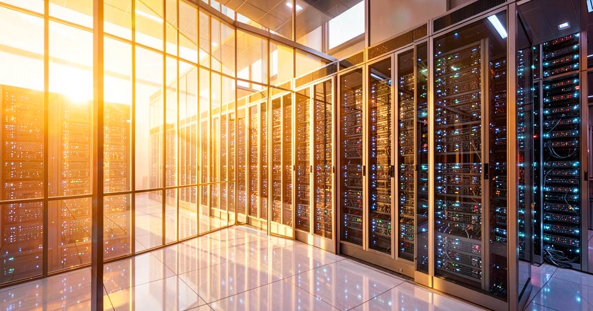 Bright warm golden hour scene of a massive futuristic data centre with rows of glowing GPU servers, warm amber sunlight streaming through glass walls
