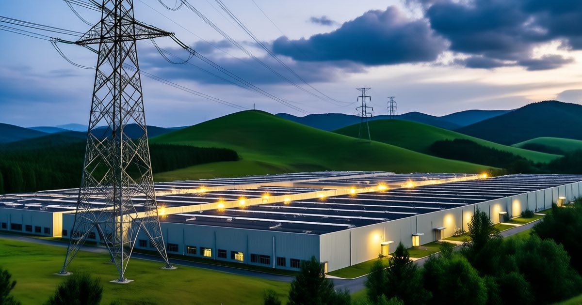 A vast data centre campus at dusk beside high-voltage transmission towers, lights glowing across rows of buildings, rolling hills in the distance, photographic realism, no text no logos