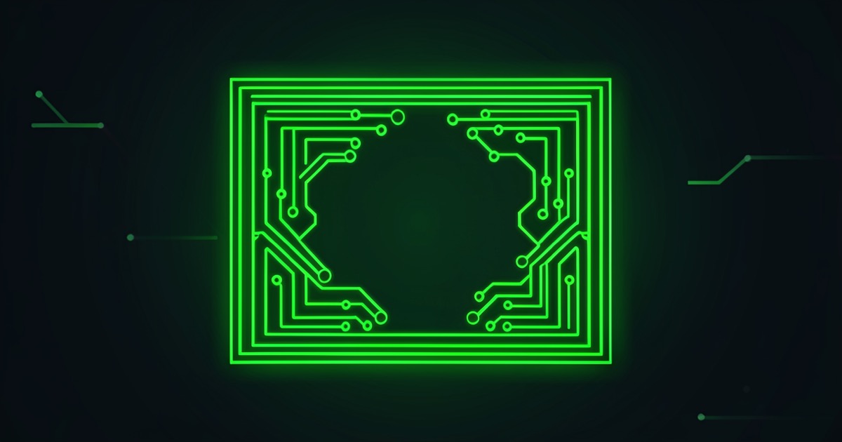 Abstract composition of layered glowing circuits forming a compact rectangular structure against a dark gradient background with subtle green accents