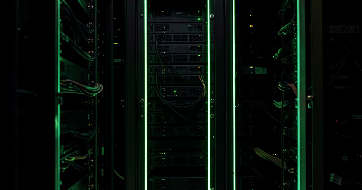 Abstract dark composition of a server rack interior with vertical green light channels, no logos, no text