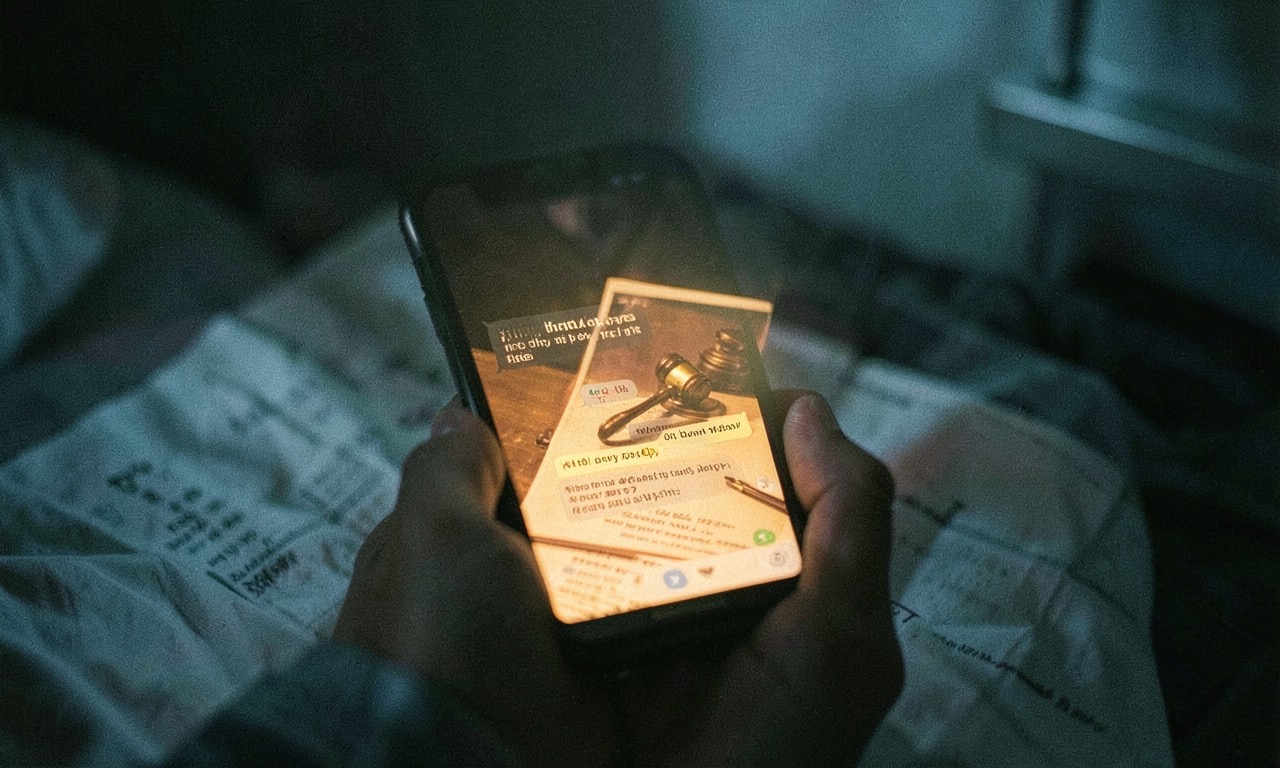 A teenager's phone screen showing a chatbot conversation with a legislative gavel overlay, warm and cool light contrast, documentary style, ASA 400 film grain