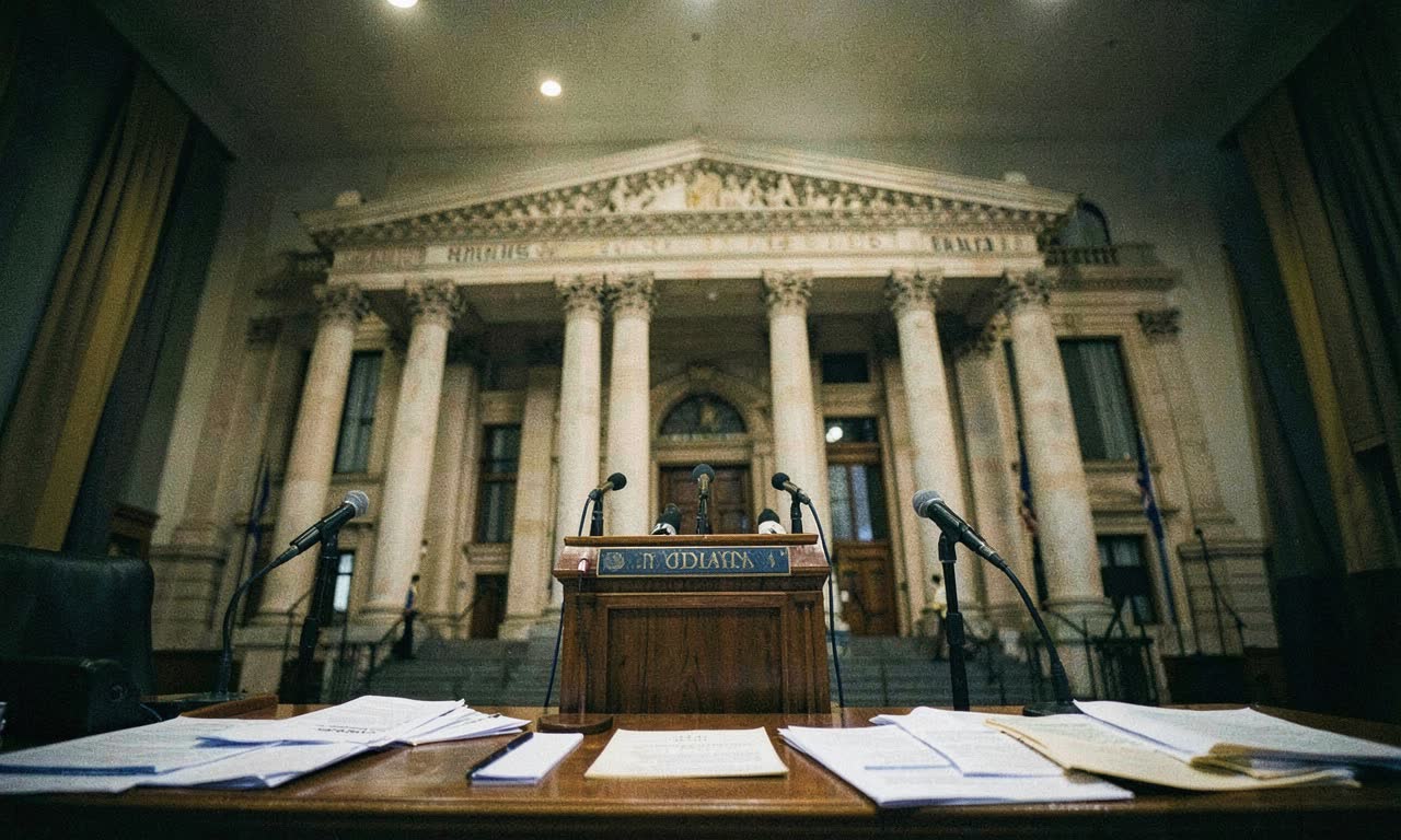 Government building with press conference podium and documents about AI workforce impact, documentary style