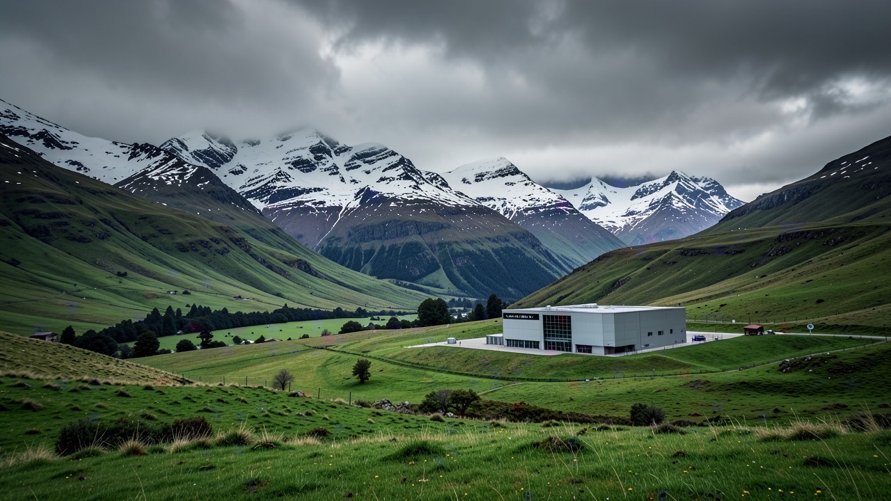 New Zealand South Island landscape with modern datacenter facility nestled in a valley, snow-capped mountains in background