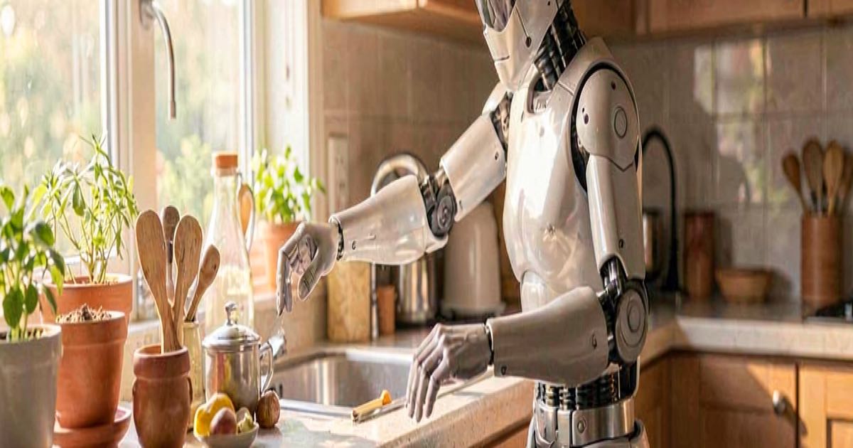 A humanoid robot performing household tasks in a sunlit kitchen, reaching for objects while walking