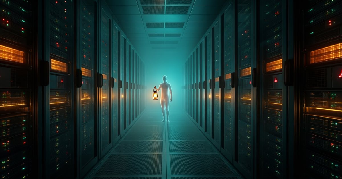 A vast dark server hall in teal and amber light with rows of glowing storage racks receding into fog, a lone silhouetted figure holding a lantern in the aisle