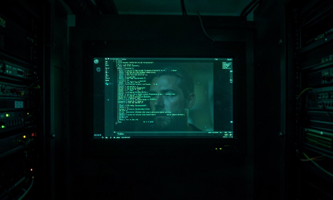 A dark server room with a single glowing terminal screen showing lines of code, a faint reflection of a face in the screen, ominous green and blue lighting, no text no logos no letters no signs