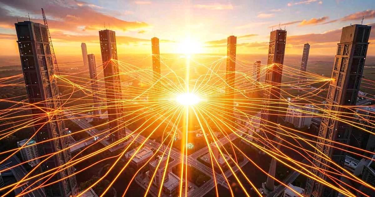 A sprawling network of glowing connection lines spreading outward from a single bright node, reaching multiple distant server towers under a warm sunrise sky, vibrant orange and gold lighting