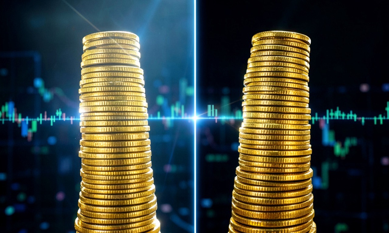 A split composition showing two stack-of-coins towers of different heights under bright financial-news lighting, NYSE-style backdrop, dramatic contrast