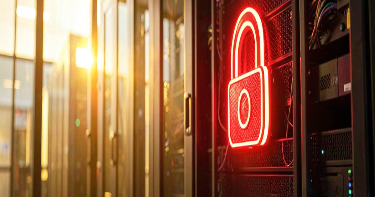 A bright red digital lock symbol glowing on a dark server rack in a sunlit data centre, golden morning light filtering through glass walls