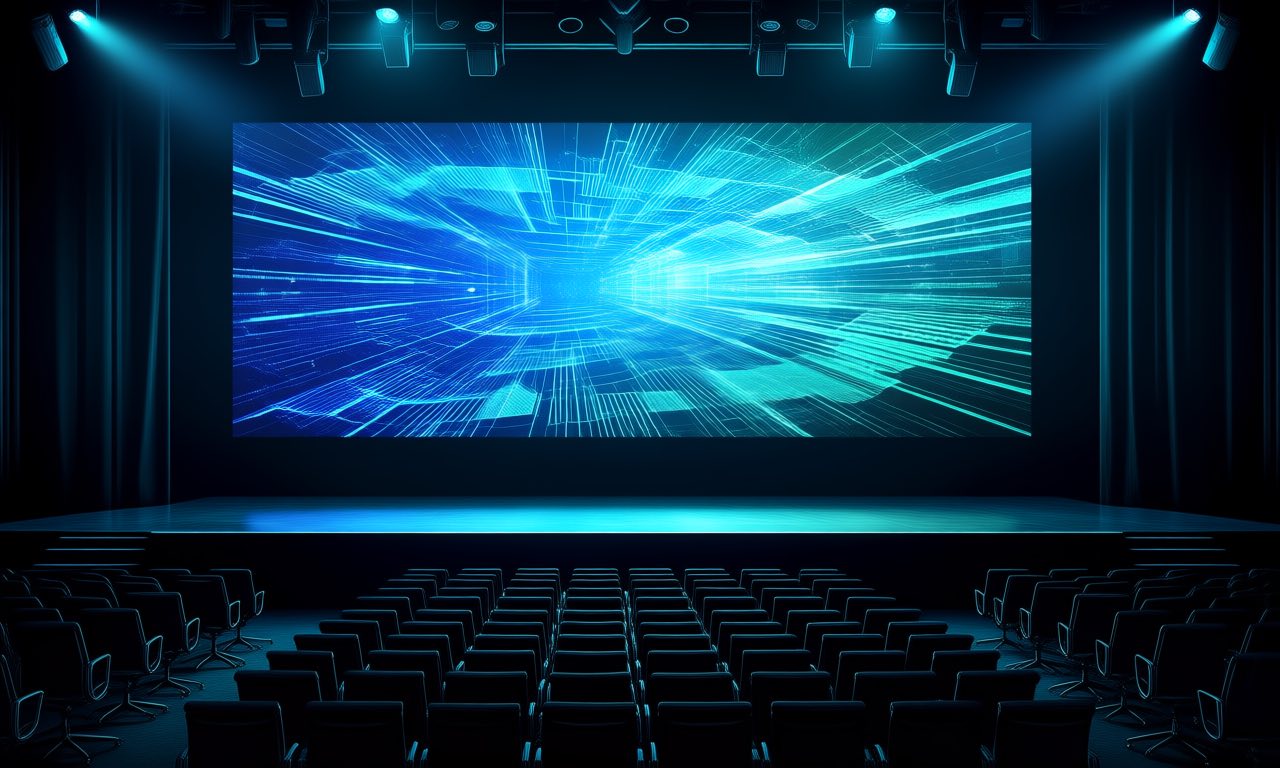 A dark conference stage with empty developer chairs and a large screen displaying an abstract glowing data pattern, faint blue and teal light