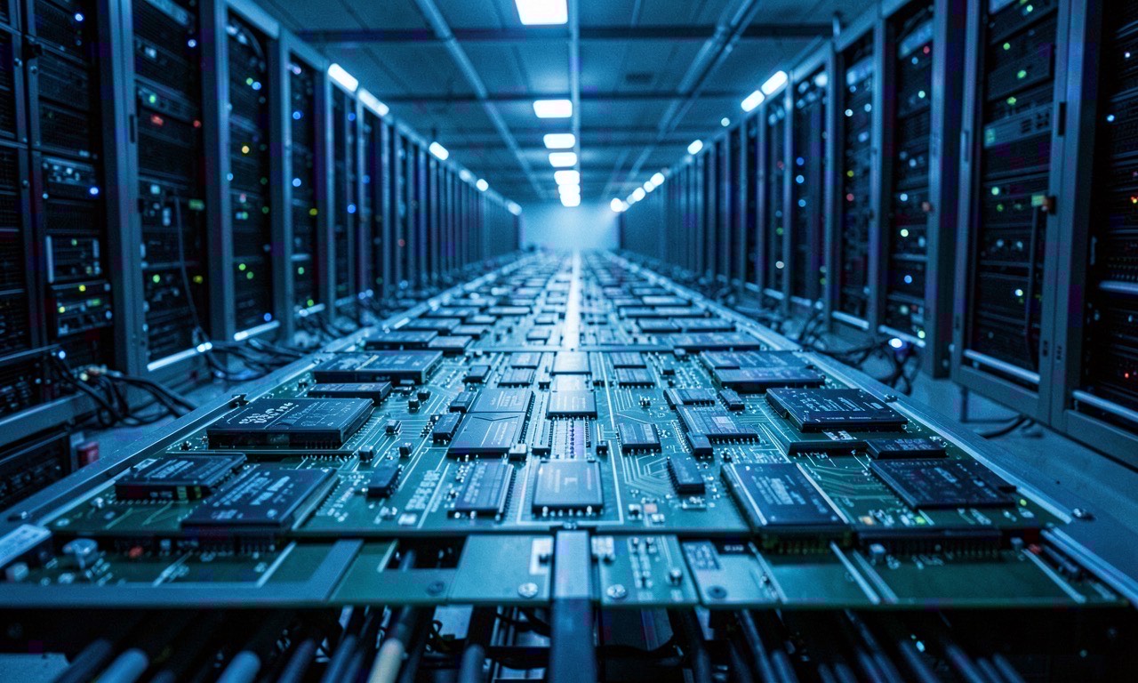 A massive data center with rows of specialized AI chip servers glowing under cold blue lighting, documentary style