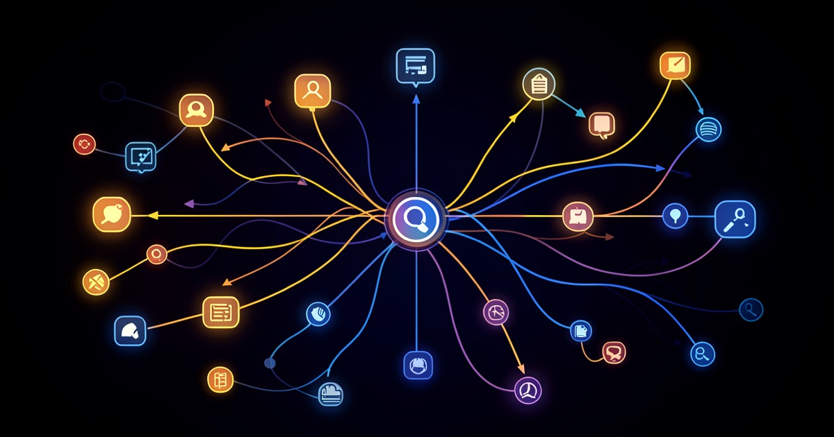 Abstract composition of interconnected glowing workflow nodes on a dark background with warm amber and deep blue data streams