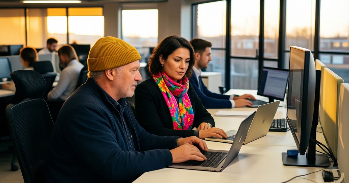 Two engineers — an older man in a mustard-yellow beanie and a woman with a bright floral scarf — work side by side with a client team at their office desks around laptops and a large monitor, warm golden evening light, documentary photography