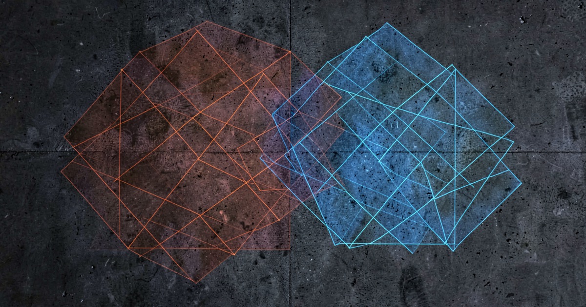 Abstract composition of two overlapping translucent geometric grids on dark concrete in warm red and cool blue tones suggesting regulatory tension and geographic boundaries