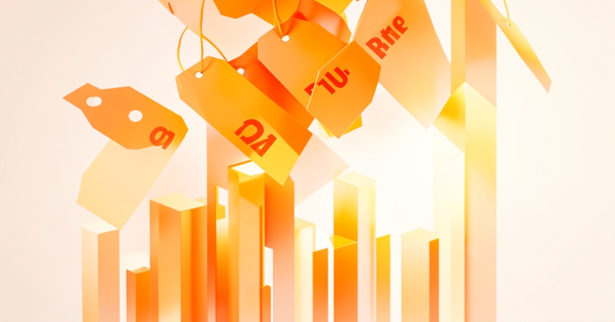 A bright abstract composition of falling price tags and descending bar charts in warm orange and gold tones against a clean background.