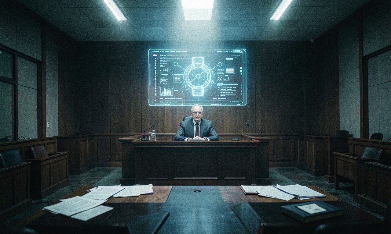 A courtroom with a glowing AI interface on the witness stand, dramatic lighting, photojournalistic style