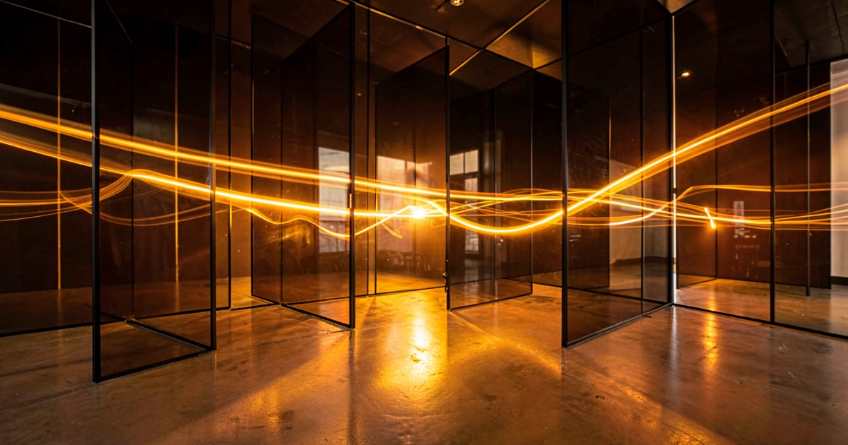 Abstract composition of a glowing amber light trail weaving through dark translucent glass barriers on polished concrete, bright warm lighting, no text visible