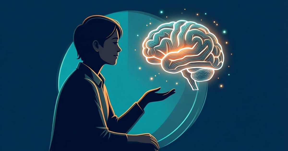 Illustration of a person in quiet conversation with a soft glowing AI presence, symbolising AI mental health support
