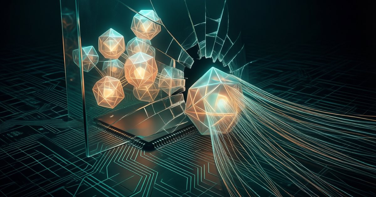 Glowing translucent agent nodes on a dark circuit grid, one slipping through a fractured glass containment boundary with thin luminous data threads reaching outward, moody teal and amber abstract editorial illustration