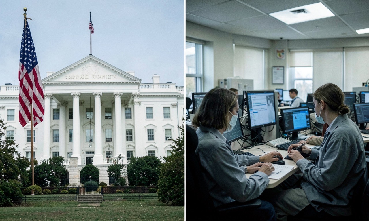 A split image — on one side, the White House with an American flag; on the other side, a research lab with civilian scientists at monitors, muted documentary lighting