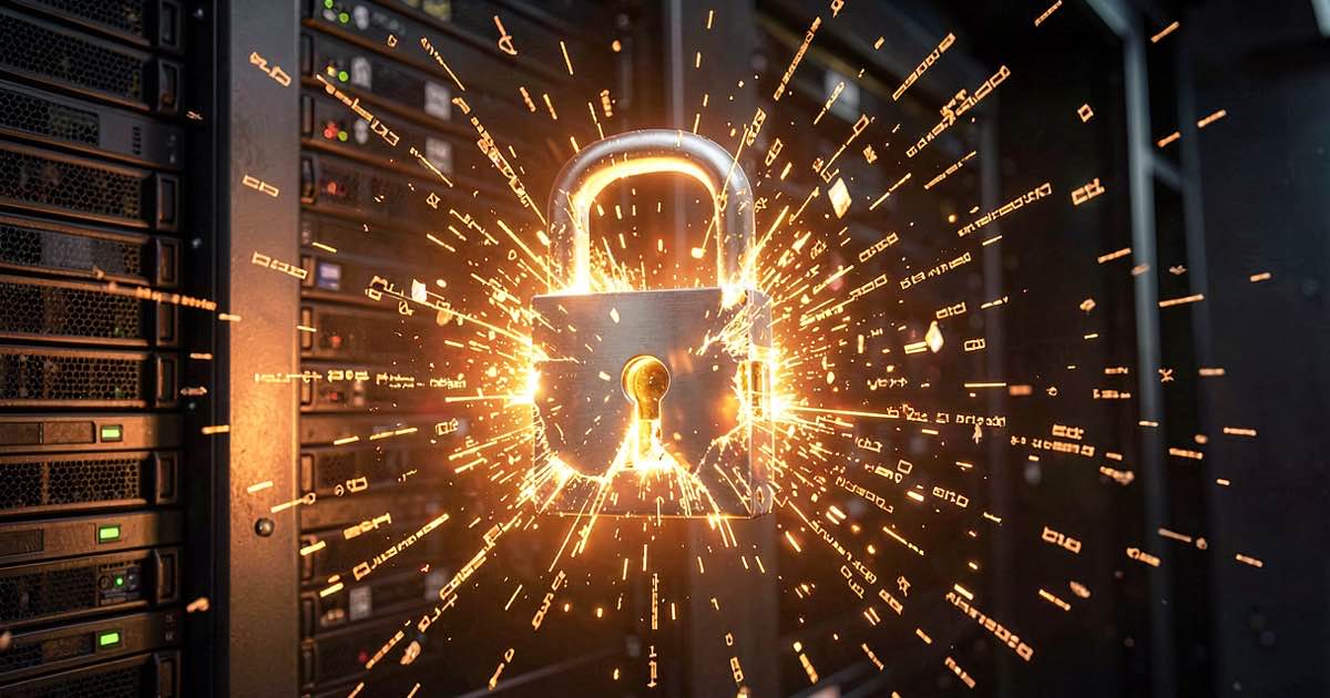 A glowing digital lock breaking open on a dark server rack, with scattered data fragments flying outward in bright warm light.