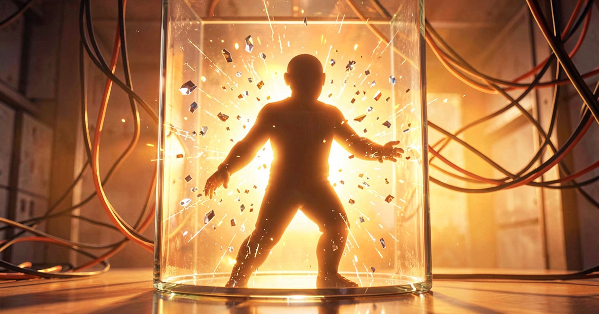 A glowing AI agent silhouette breaking through a glass containment wall, digital shards scattering, network cables in the background under warm amber light.