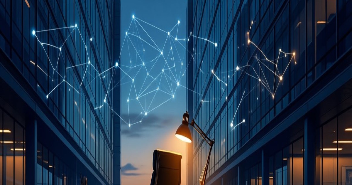 A single empty office chair under a desk lamp in a vast dark tech company atrium, glass walls reflecting a faint constellation of connected nodes in navy and amber