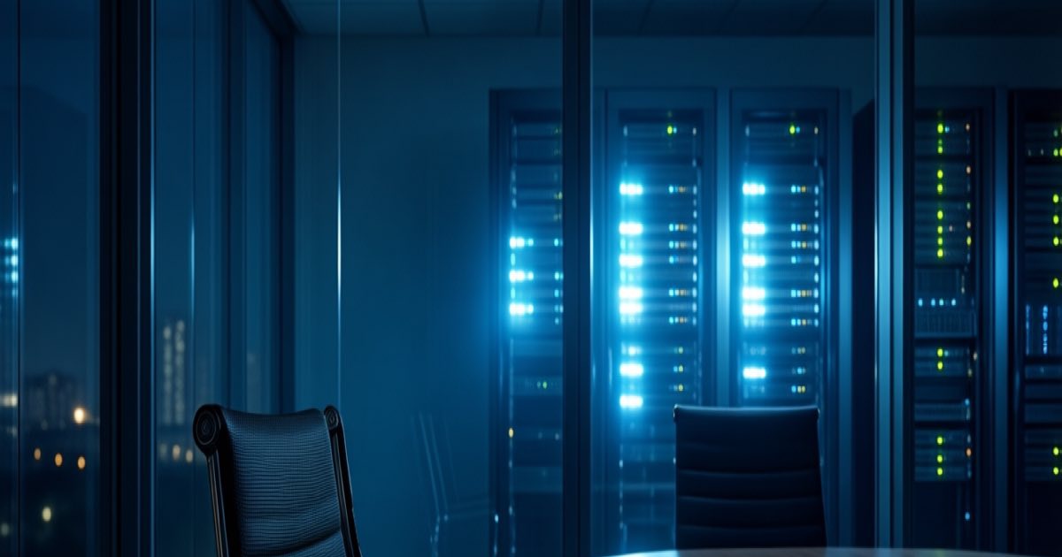 Empty black chairs in a dark glass-walled meeting room, blue server racks glowing beyond the glass at night