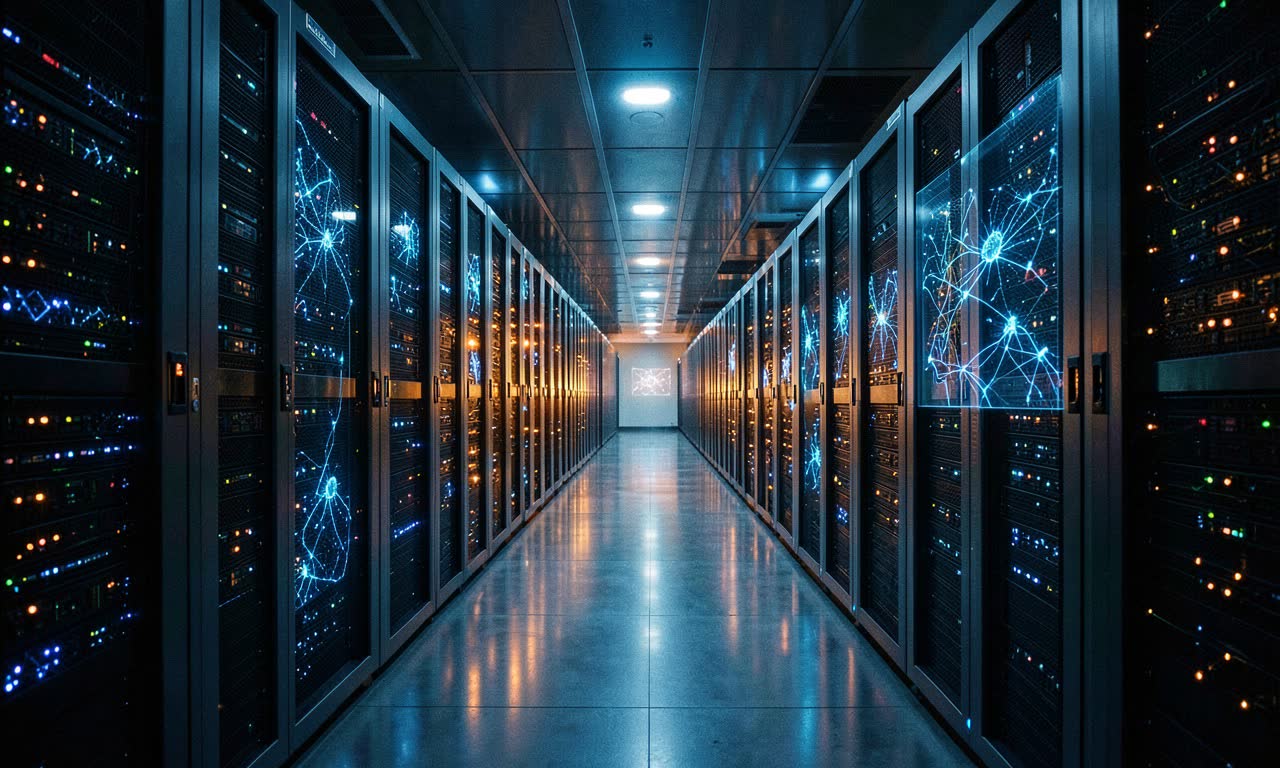 Futuristic data center corridor with glowing server racks, symbolizing OpenAI's next-generation model training