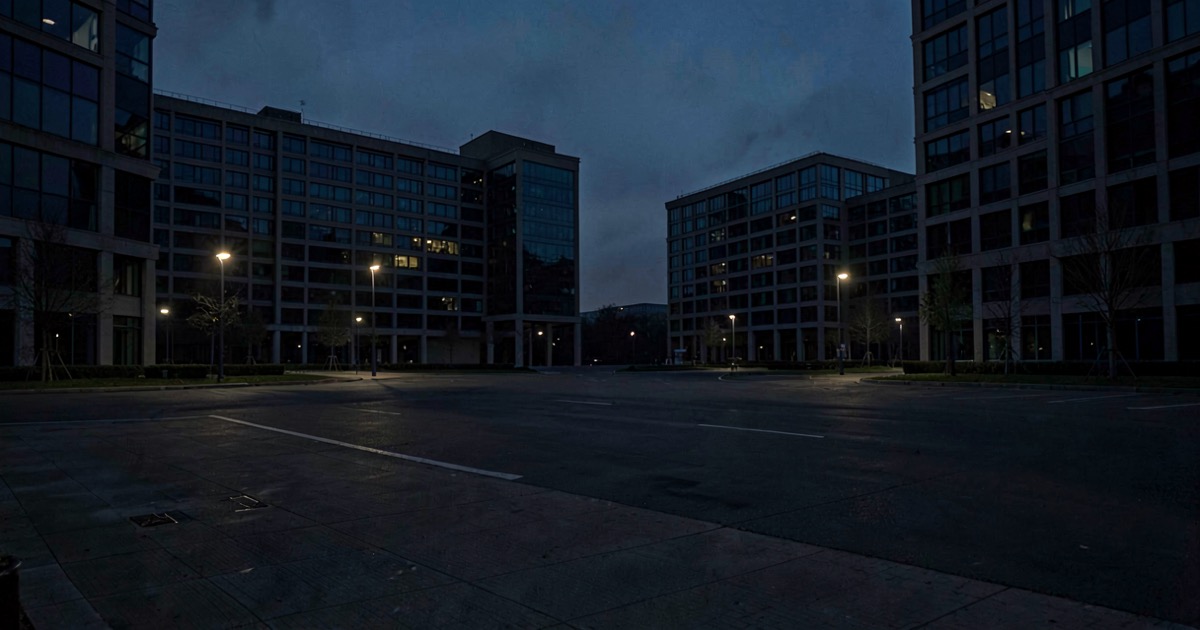 An empty business park at dusk with darkened buildings and no construction activity, street lights casting long shadows across vacant tarmac