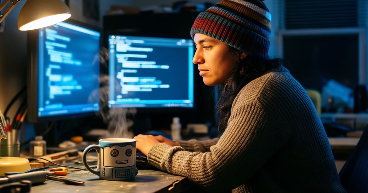 A developer in a striped wool beanie working late at a cluttered home workshop desk, two monitors glowing with blurred terminal windows, cool blue screen light against a warm desk lamp