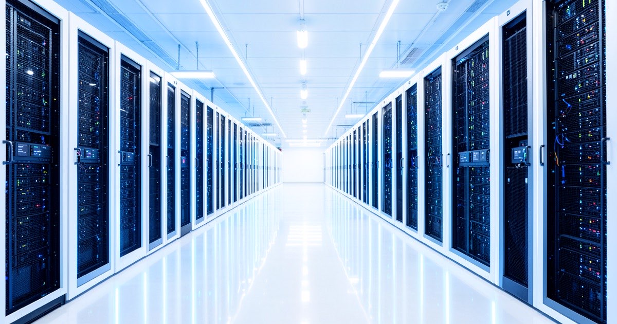 Interior of a bright modern data centre with long corridors of sparkling server racks, white and blue LED lights reflecting off polished floors, gleaming and optimistic