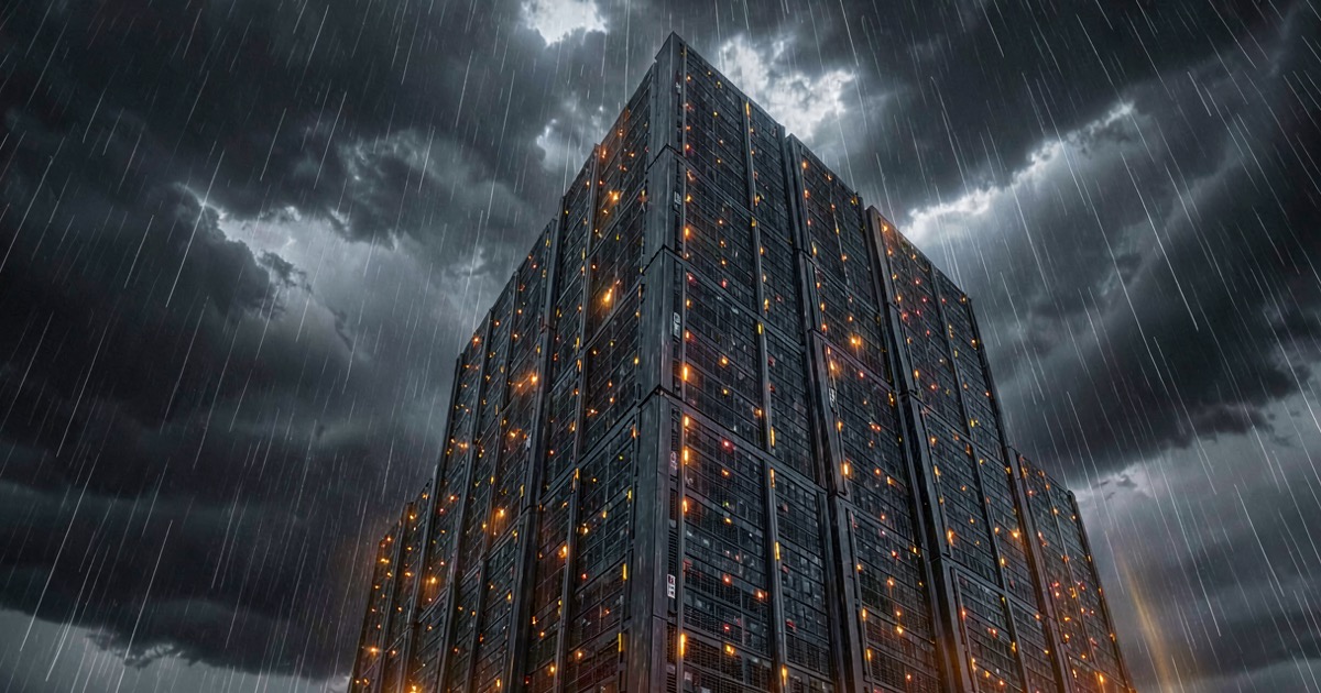 Abstract composition of a towering stack of dark server racks under heavy rain, warm amber warning lights flickering along the corridors, suggesting financial distress in AI infrastructure