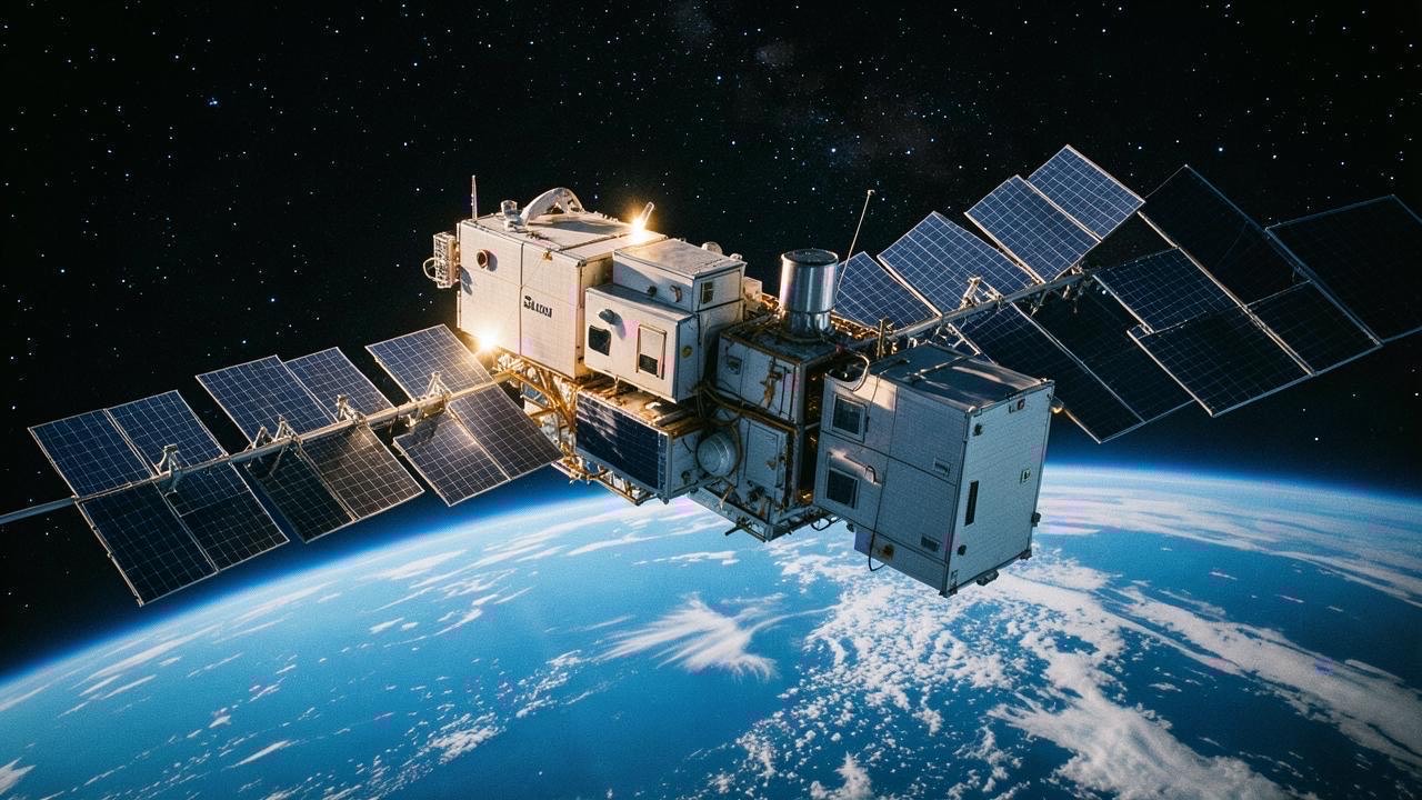 Satellite-based compute cluster in low Earth orbit with solar panels and data streams, Earth visible below