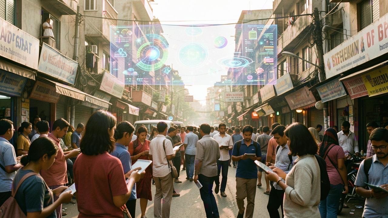 South Asian city with young people using AI technology, representing emerging economy AI investment