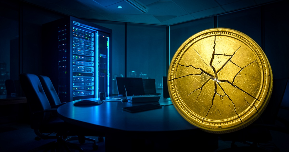 A dark corporate boardroom with a glowing server rack and a cracked coin representing broken token-based AI pricing.
