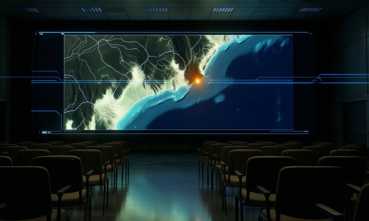 A dim military operations room with a dark satellite map glowing on a wide screen, empty chairs, a single amber target marker pulsing on the display, sombre documentary tones, no text